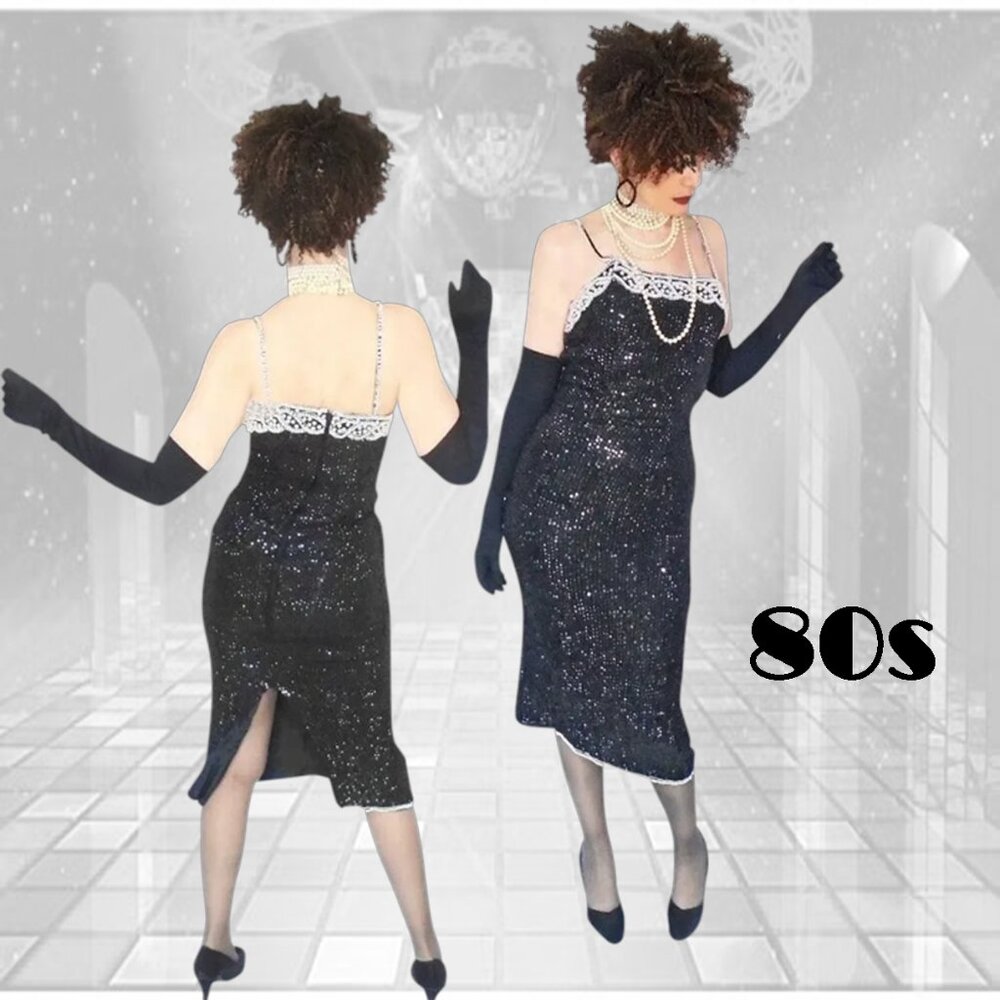 Vtg Black Dress for Cocktails, Tight Sequin Beaded Sexy Sheath NWOT Deadstock